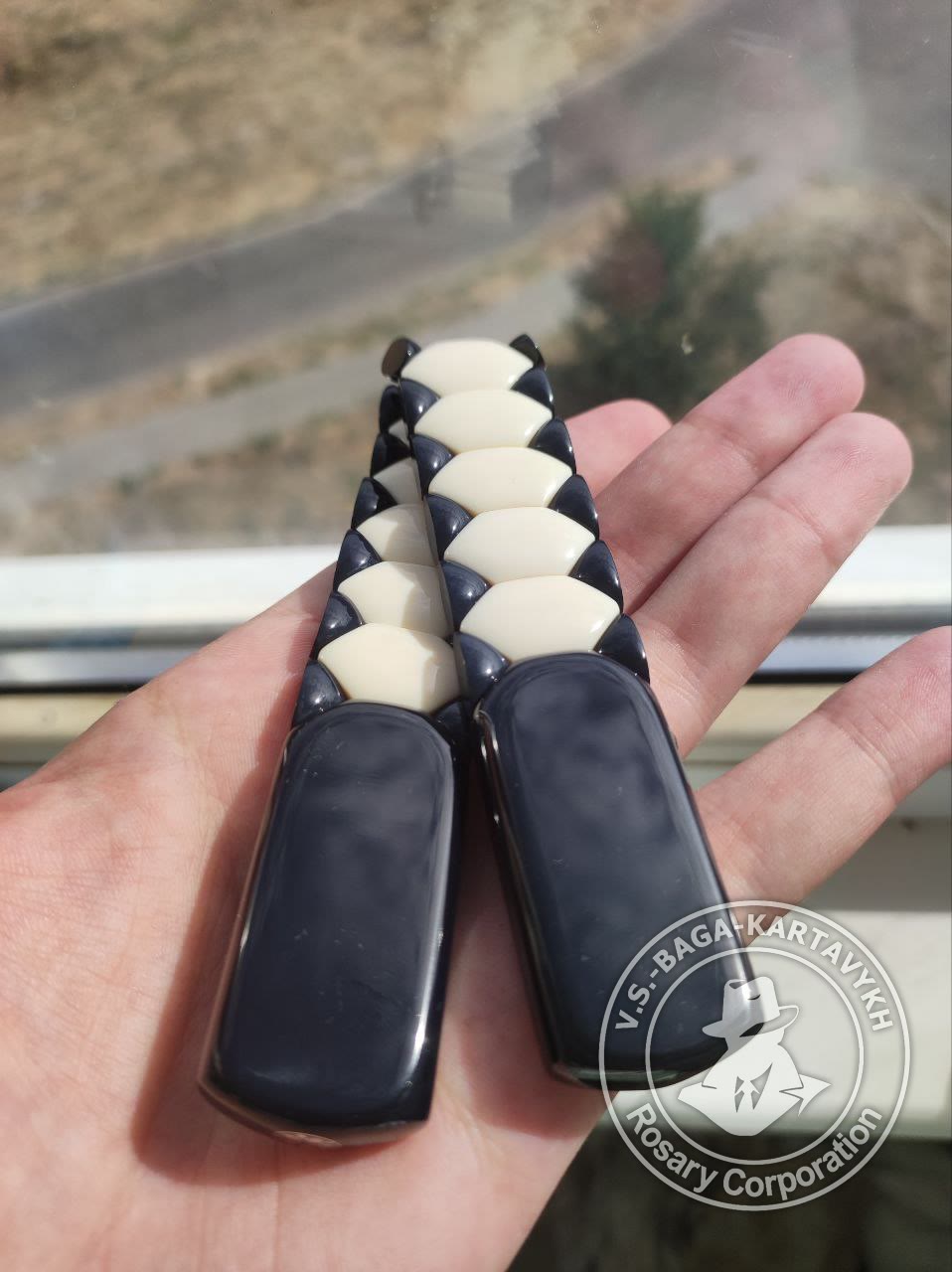 Hexagonal pogon worry beads — Aramith billiard ball, no. 255 — 6