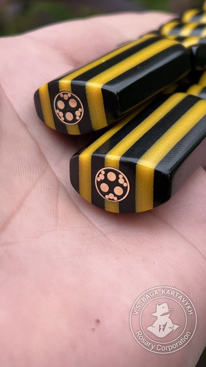 Hexagonal pogon worry beads — Aramith bowling ball, no. 530 — 2